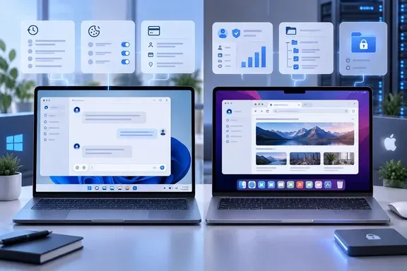 Windows- und macOS-Laptops zur Veranschaulichung von Unternehmens-Datenmanagement und lokalen Profilspeicherarchitekturen