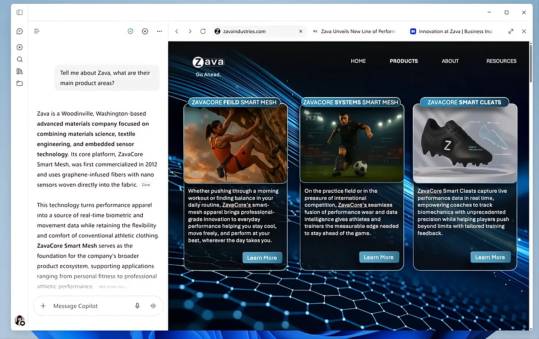 Microsoft Copilot Desktop-Anwendung mit geteilter Bildschirmansicht: KI-Chat auf der linken Seite und eingebetteter Browser-Navigationsbereich auf der rechten Seite
