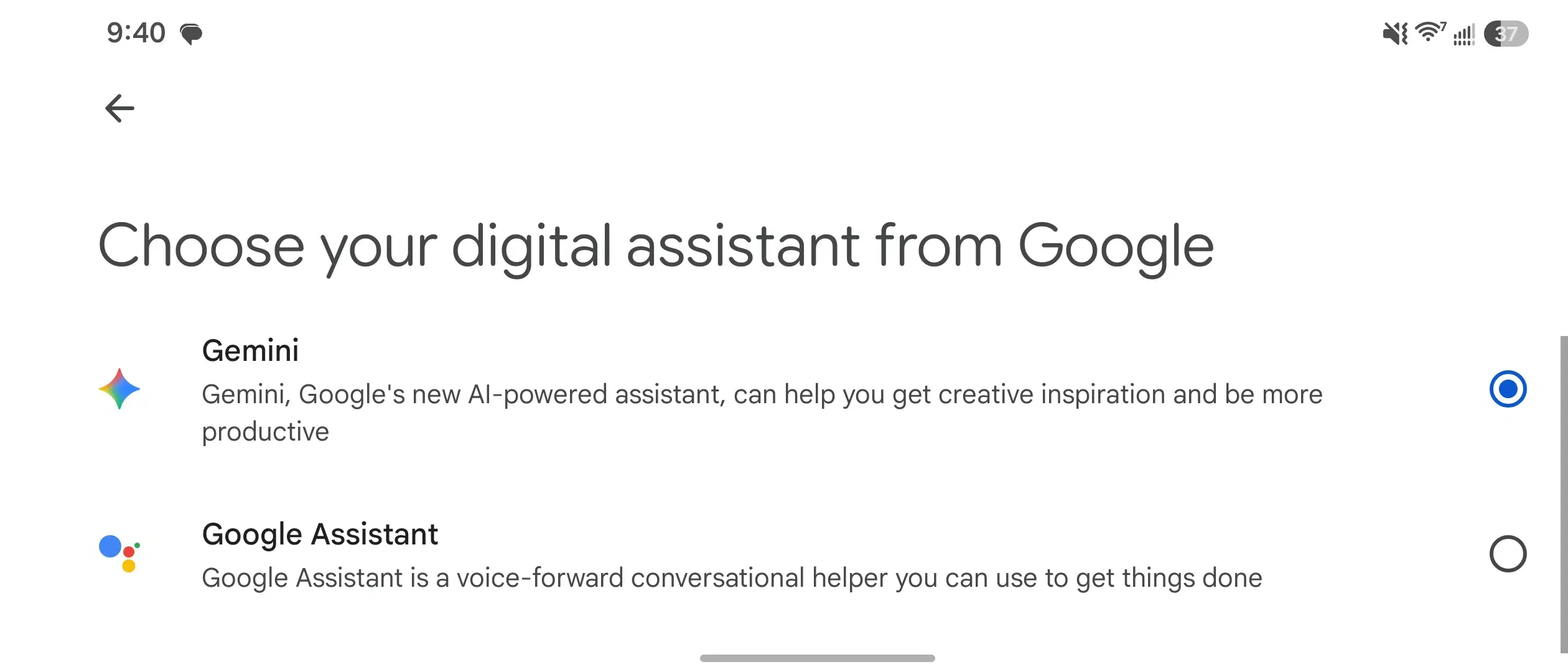Android settings menu showing the transition from Google Assistant to Gemini