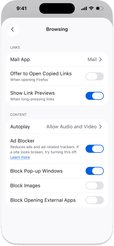 iOS 版 Firefox 內容阻攔設定選單介面