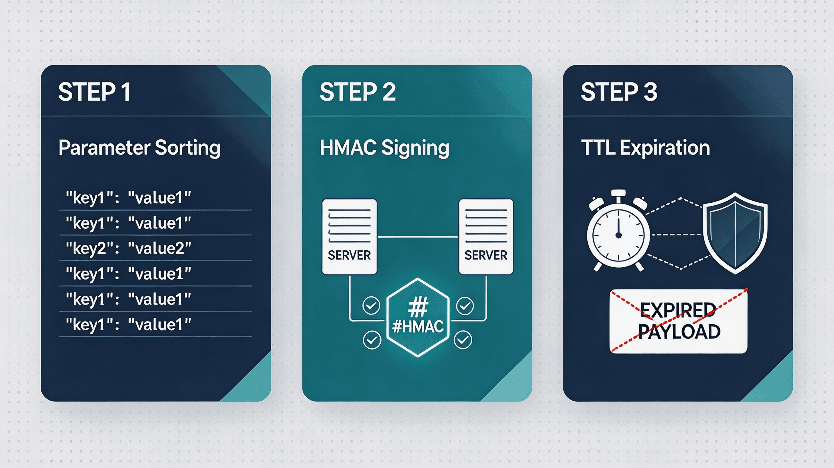 Premium 3-step developer implementation checklist for parameter sorting, HMAC-SHA256 signing, and TTL expiration enforcement.