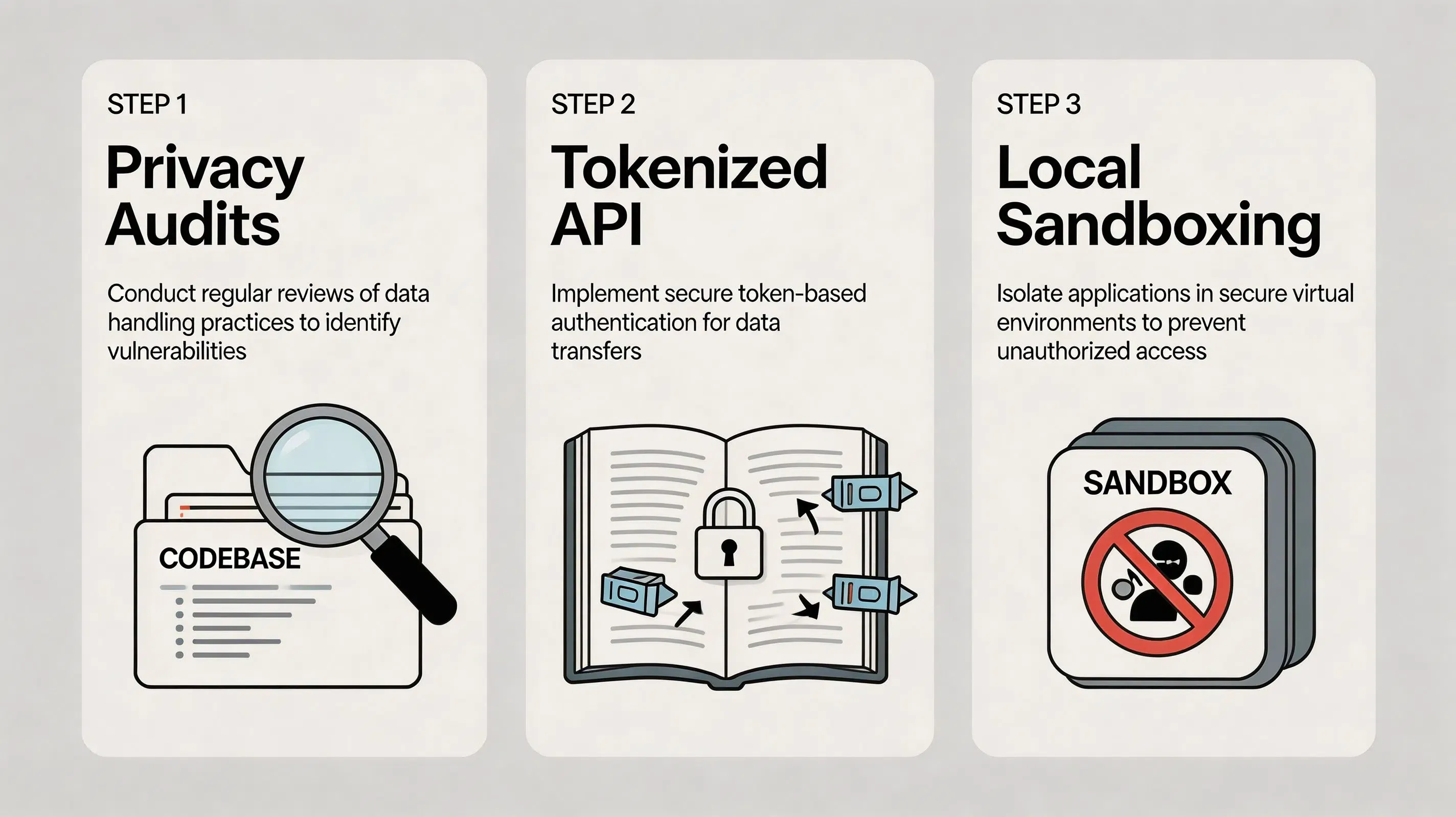 Senarai semak pelaksanaan privasi pembangun 3 langkah untuk audit, pengesahan API bertoken, dan sandbox tempatan.