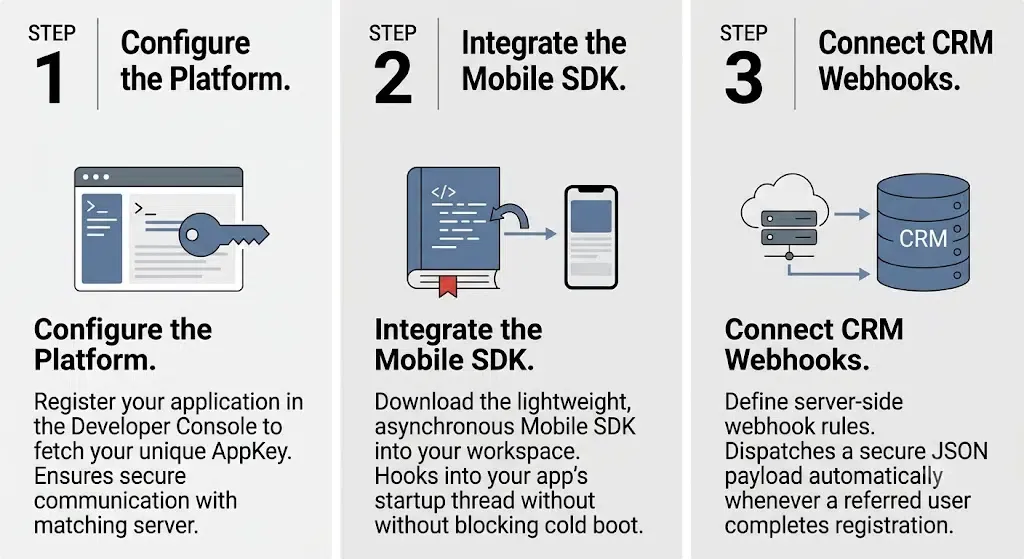 3-step technical integration workflow checklist for mobile SDK and CRM webhooks.