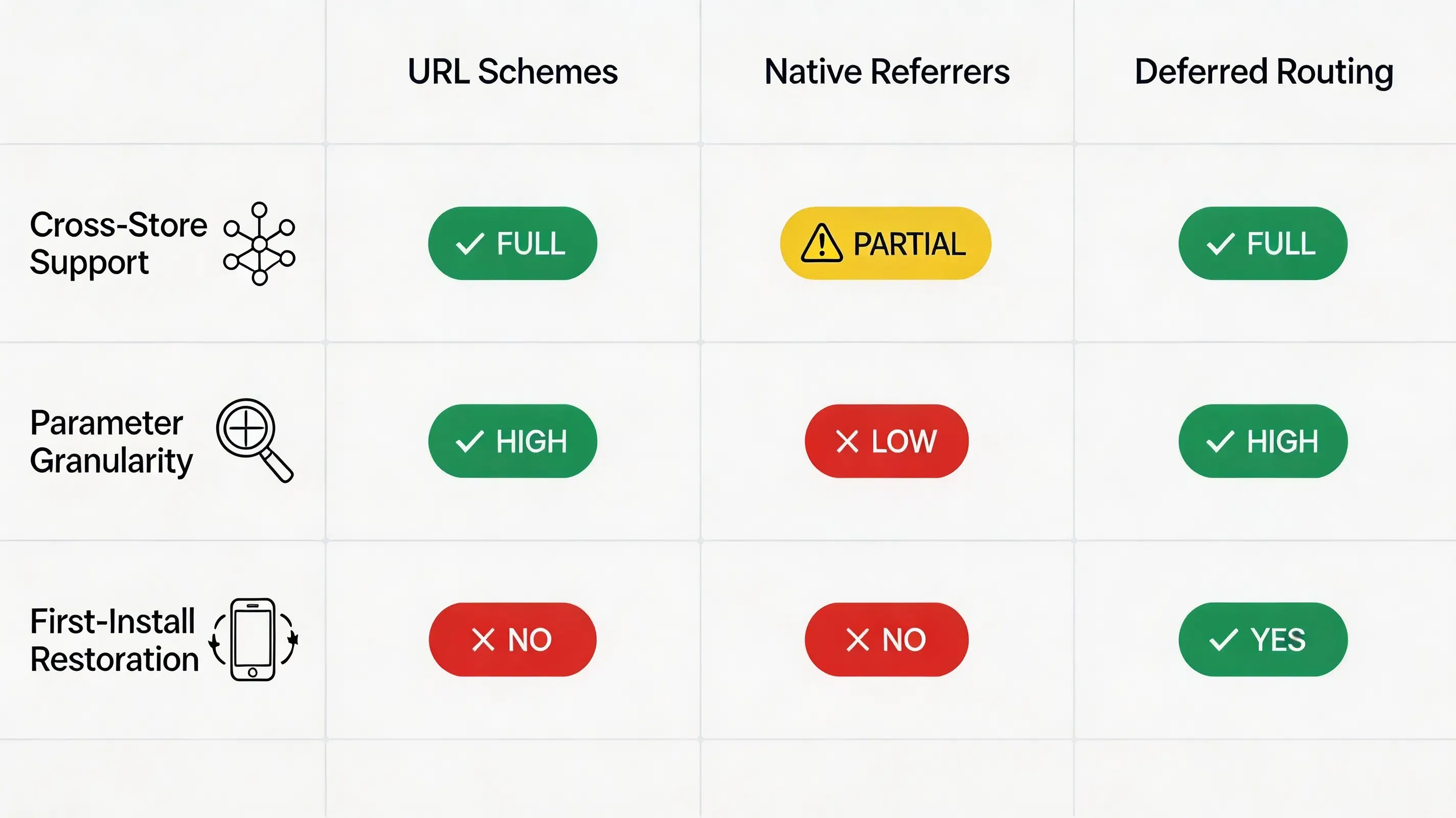 Ultra-premium corporate matrix chart comparing custom URL schemes, native referrers, and deferred deep linking for UTM tracking.