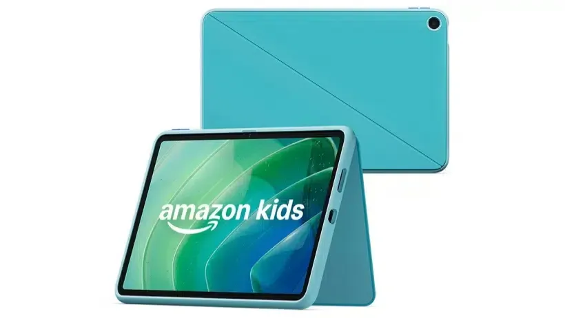 Kids tablet hardware showing rear protective casing and integrated stand structure