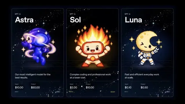 Product card matrix detailing pricing specifications for Astra, Sol, and Luna tiers
