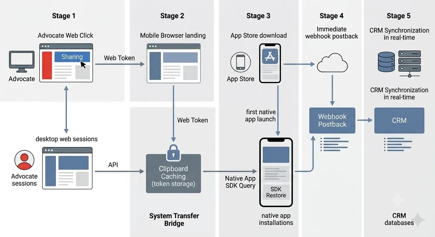 5-stage technical architecture data pipeline diagram for mobile referral attribution.