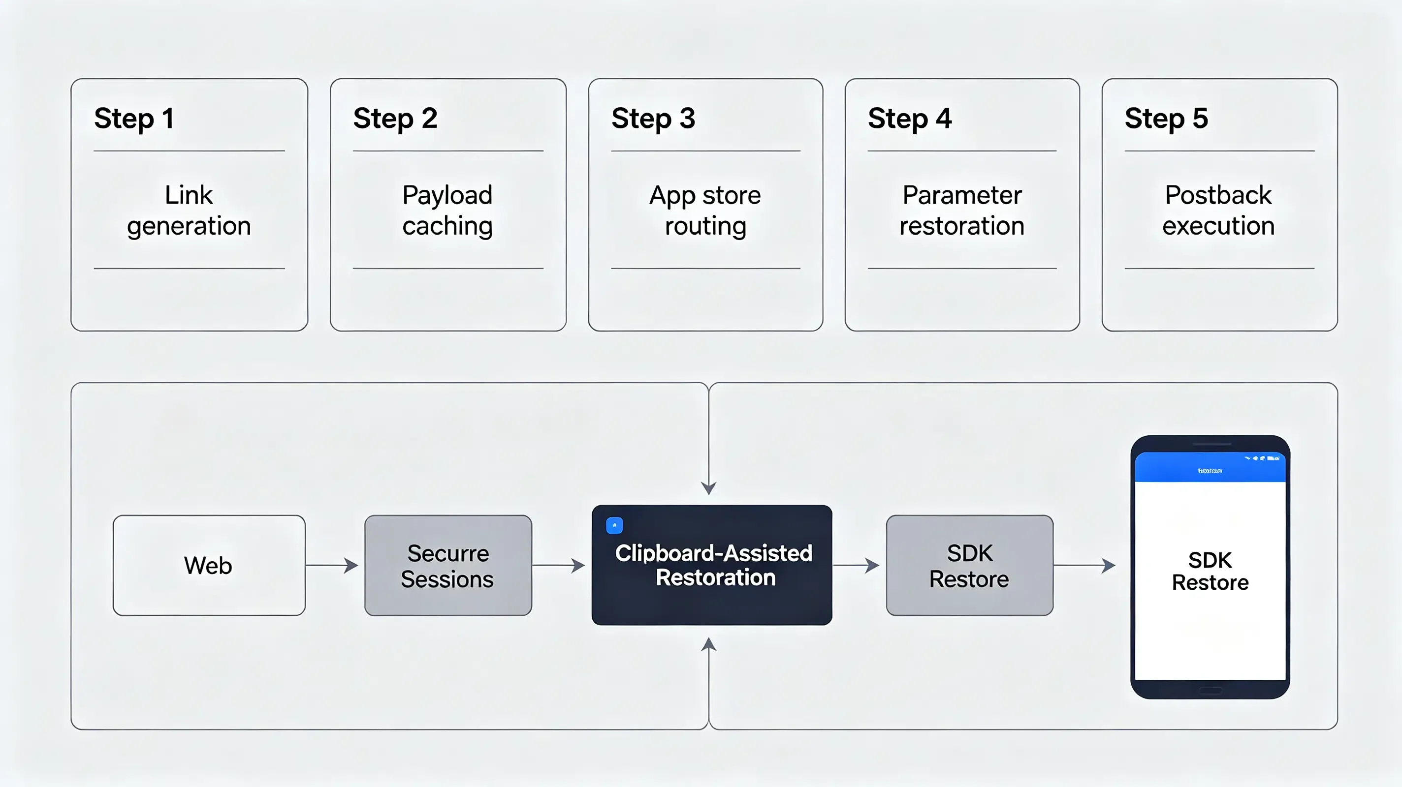 5-step technical architecture data pipeline diagram for automated referral attribution.