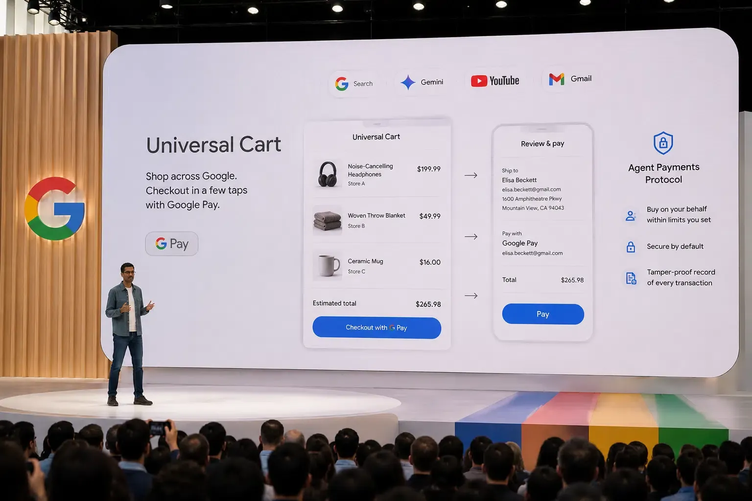 Interfaz de Google Universal Cart que muestra compras mediante agentes en Búsqueda y Gemini, con descubrimiento de productos asistido por IA, comprobaciones de compatibilidad y pagos impulsados por el Universal Commerce Protocol