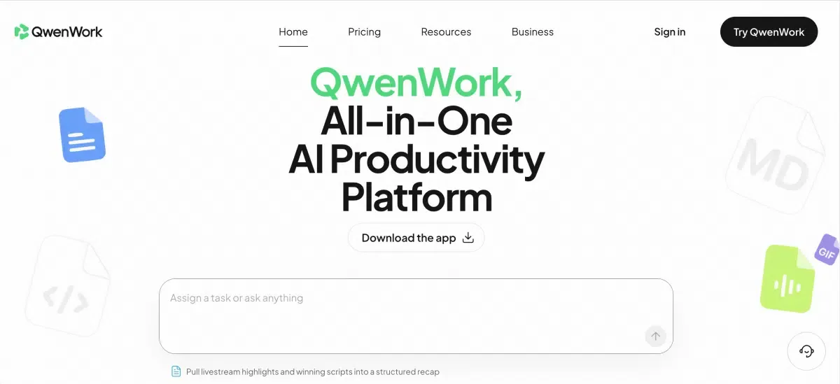 QwenWork desktop interface demonstrating multi-step agent workflow and tool execution
