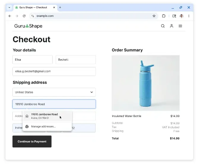 Address autofill in Google Chrome displaying saved home and work locations
