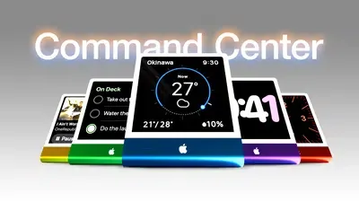 Central home command center mock showing widget grids and Siri AI voice interfaces