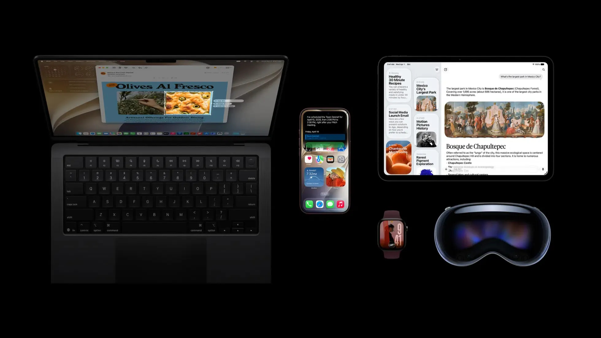 Apple software platform availability hero showing Mac, iPhone, Apple Watch, and iPad running 2026 operating systems