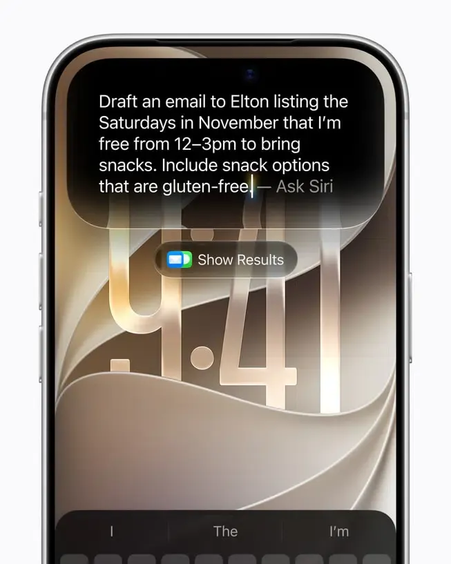 Apple iOS 27 Siri AI interface demonstrating personal context email drafting in Mail