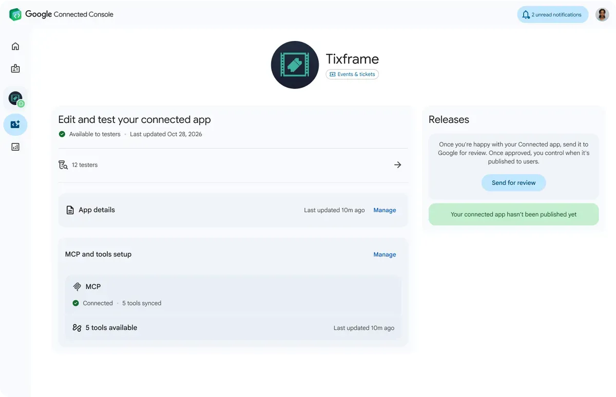 Connected Apps developer interface illustrating application management and performance monitoring