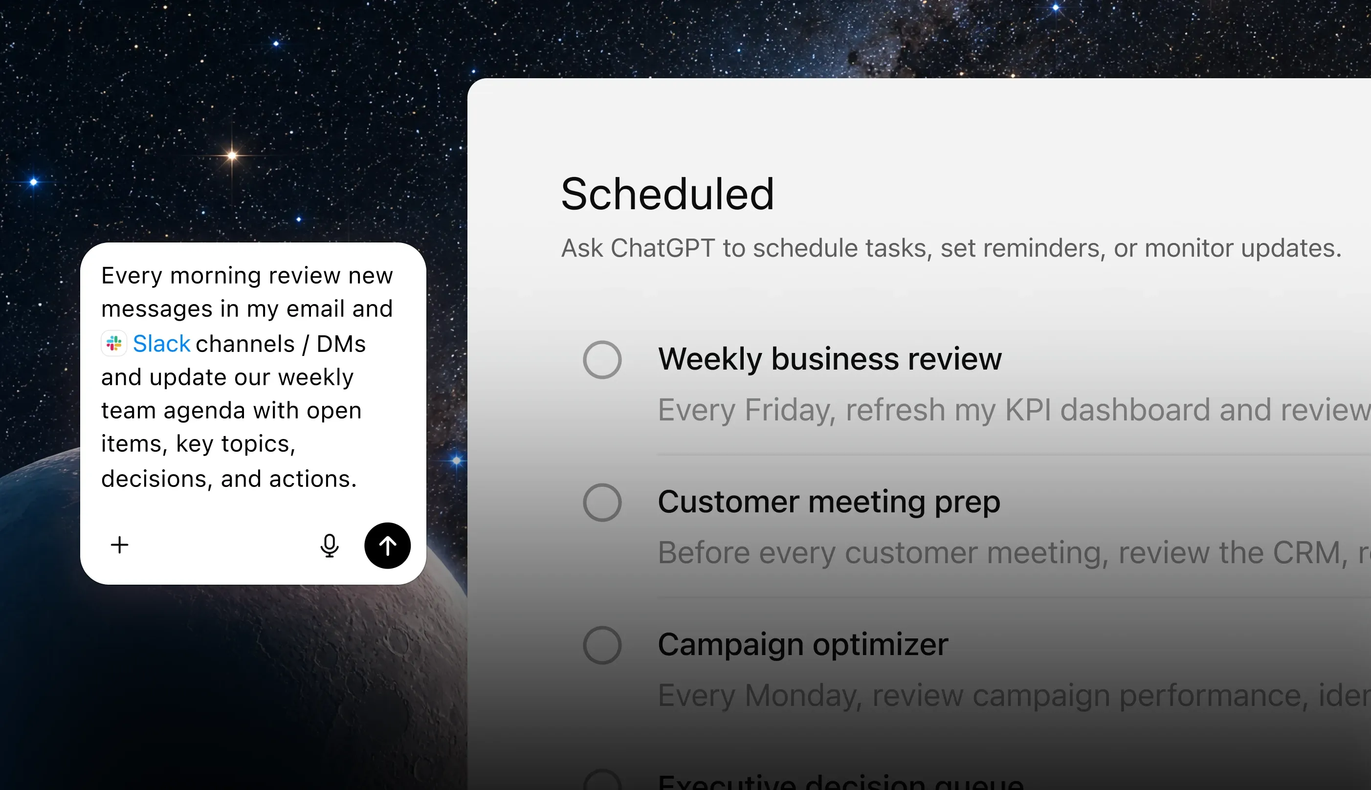 OpenAI ChatGPT Work interface illustrating data analysis and spreadsheet creation card