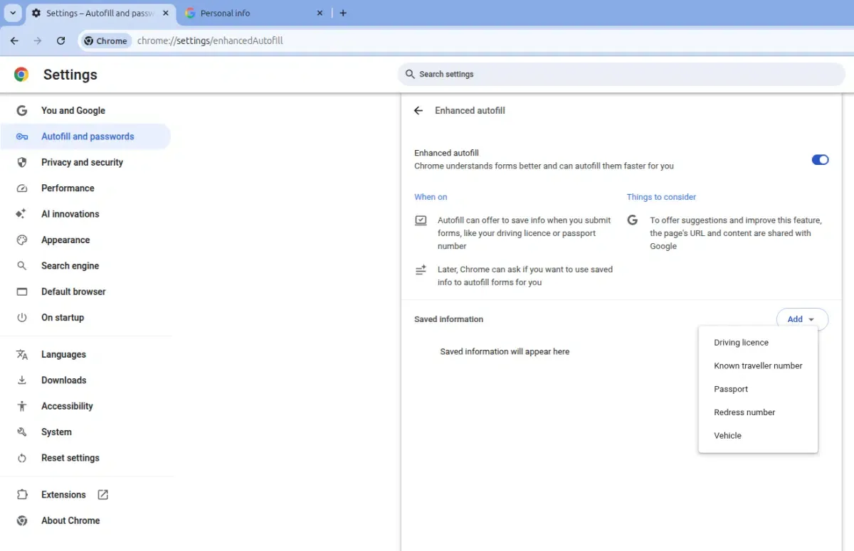 Google Chrome Enhanced Autofill toggle interface in settings displaying user privacy controls