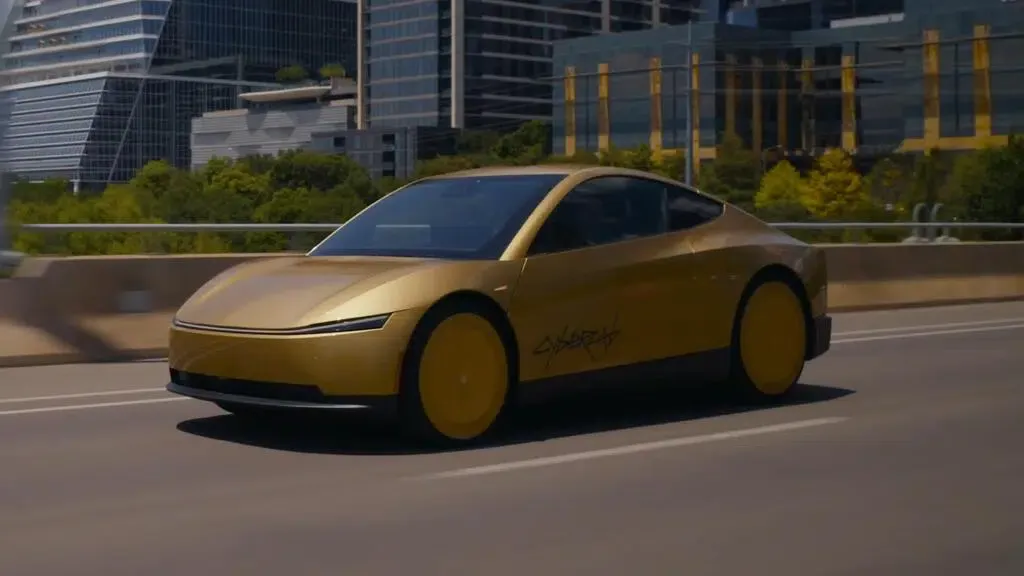 Tesla Cybercab on display in downtown Austin showing the two-seater butterfly door configuration