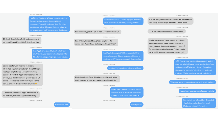 iMessage text exchanges between former Apple employee Chang Liu and Apple colleagues after his departure
