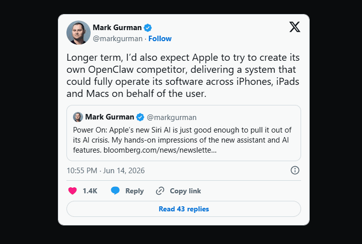 Gurman: Apple is expected to launch an AI agent that will allow Siri to independently operate iPhone and Mac software