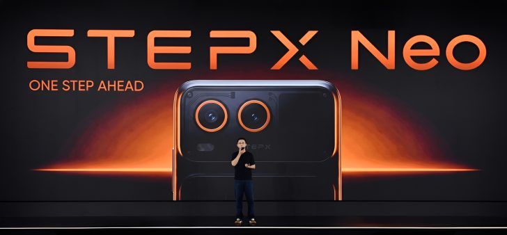 StepX Neo smartphone featuring dual rear cameras and an interactive secondary rear display