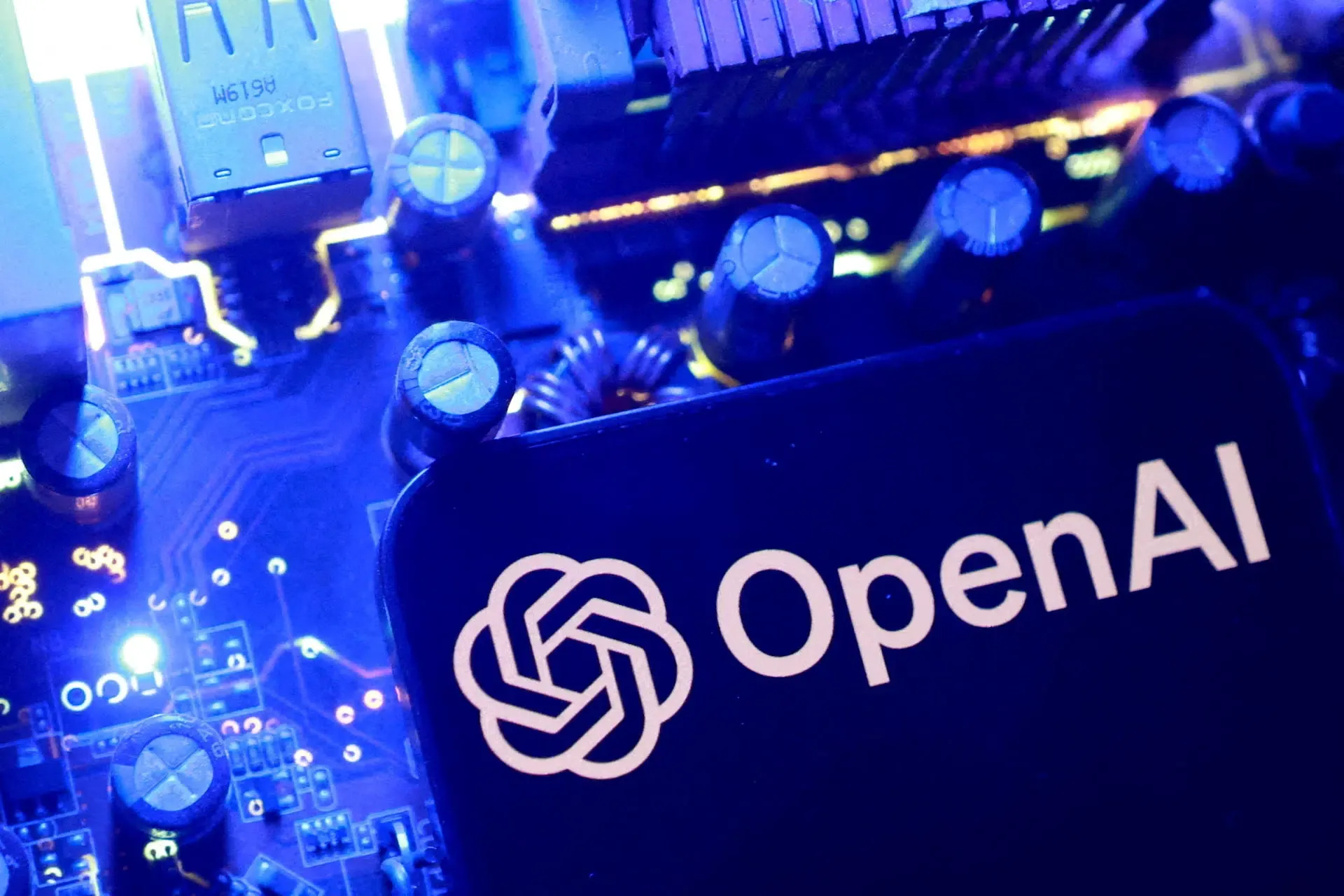 Illustration showing the OpenAI logo on a dark digital background