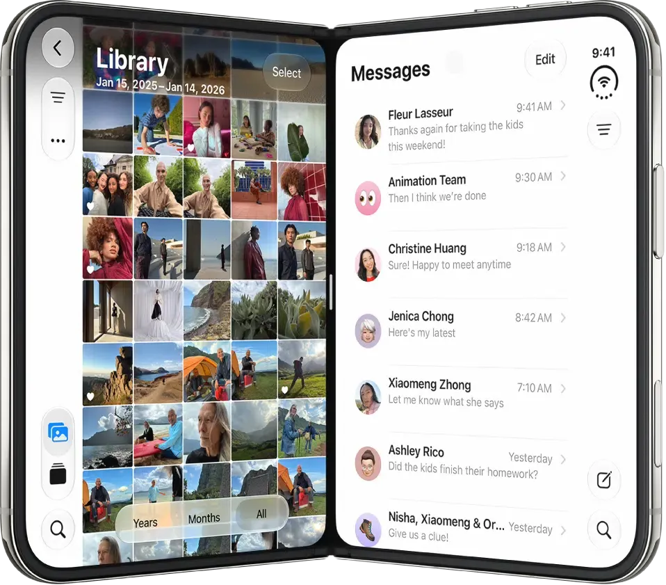 iPhone Duo partially folded in Book posture showing Photos and Messages side by side