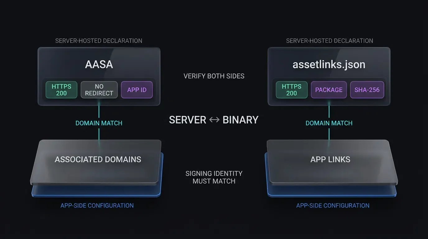 AASA and asset links must match app identity and signing configuration.