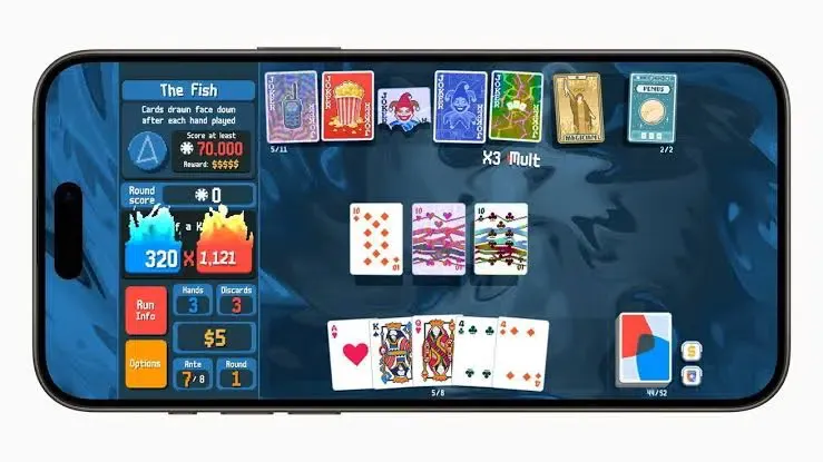 Balatro poker-themed roguelike interface running on iPhone