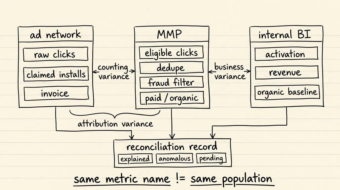 Ad network MMP and BI attribution discrepancy reconciliation