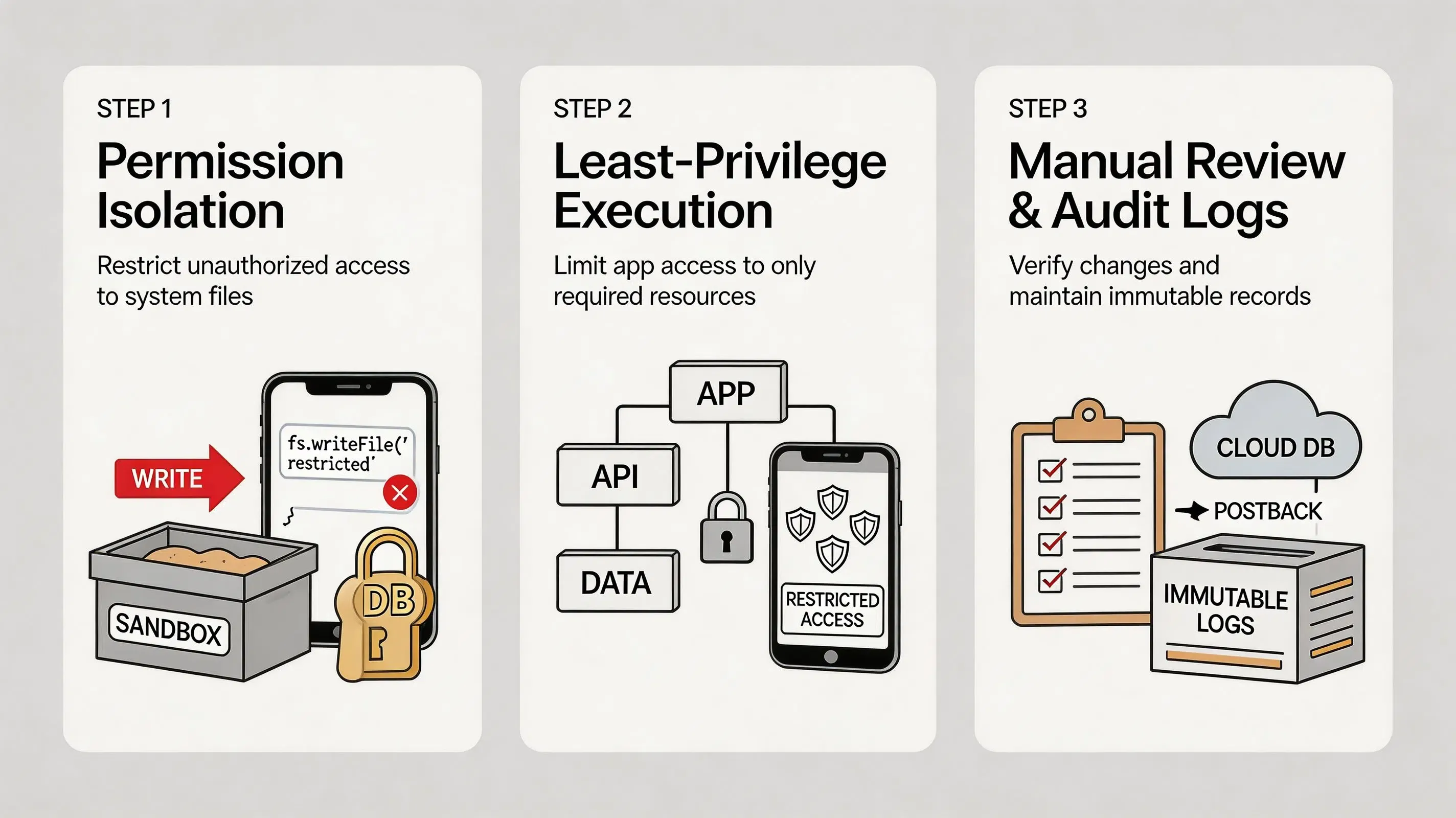 3-step technical infographic checklist for implementing AI agent security safeguards.