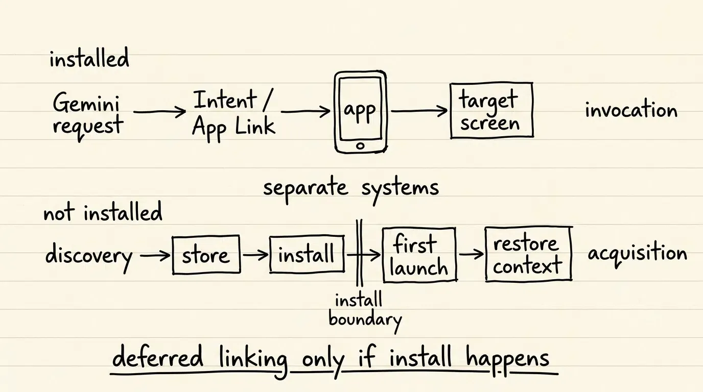 Android app invocation versus install boundary acquisition flow