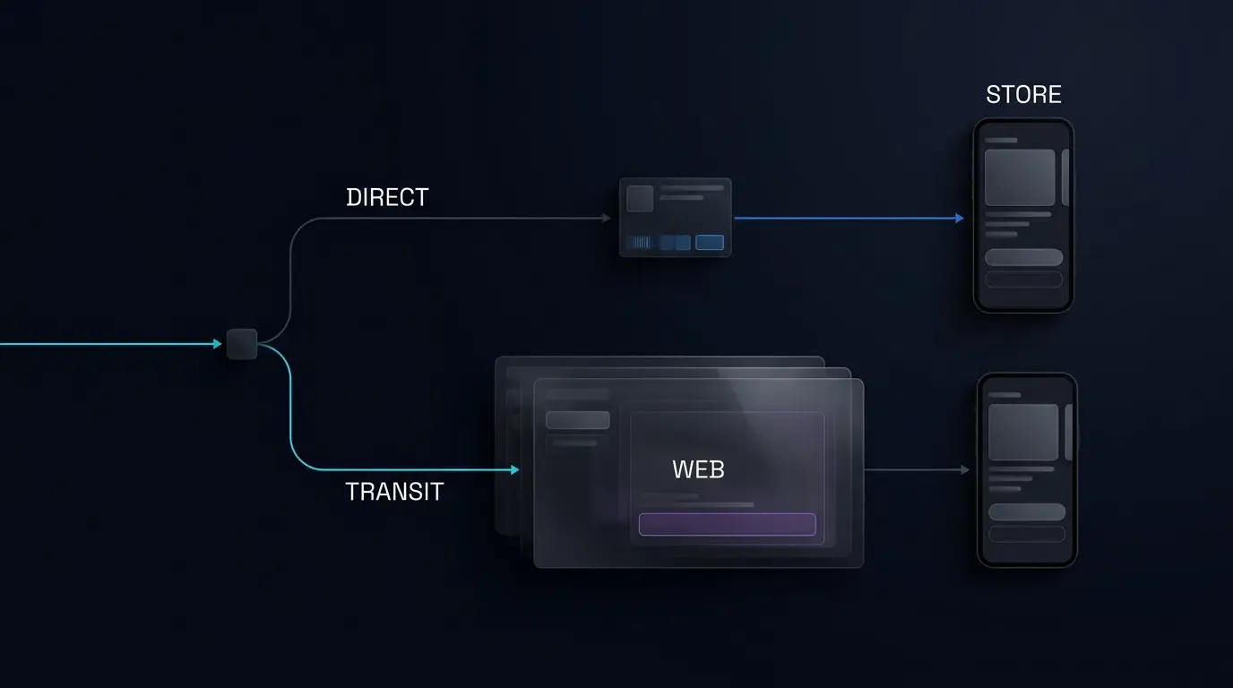 App QR routing supports direct store redirects or intermediate web transit execution.