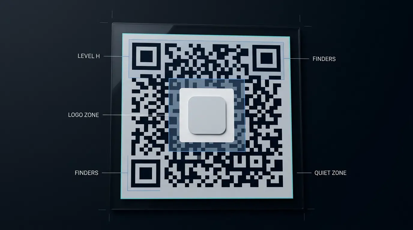 Branded QR logo placement stays within protected error-correction and quiet-zone boundaries.