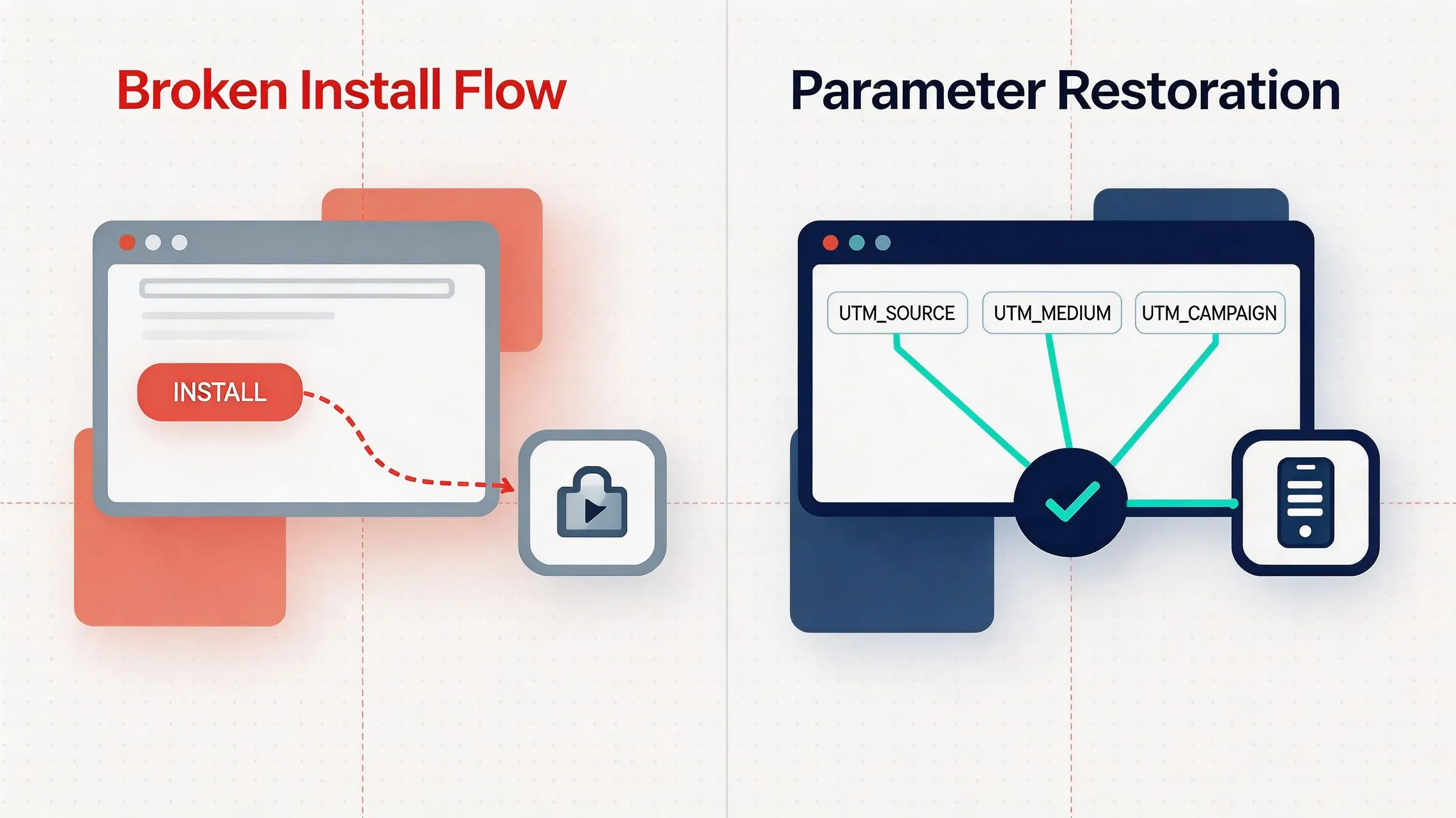 Ultra-premium flat infographic comparison of broken tracking across app store boundaries versus automated UTM parameter restoration.