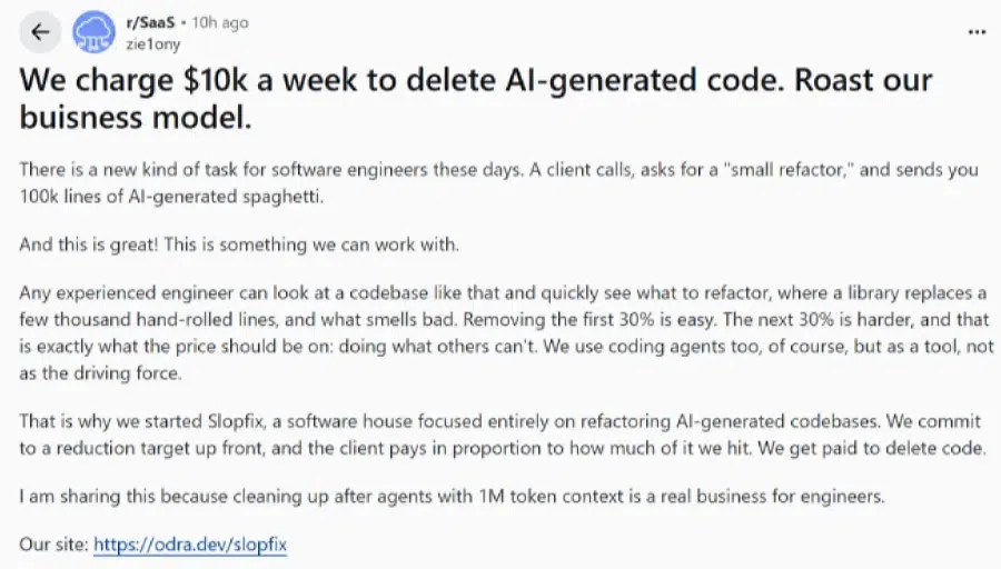 Developer community discussion detailing the trade-offs of Vibe Coding and long-term codebase maintenance