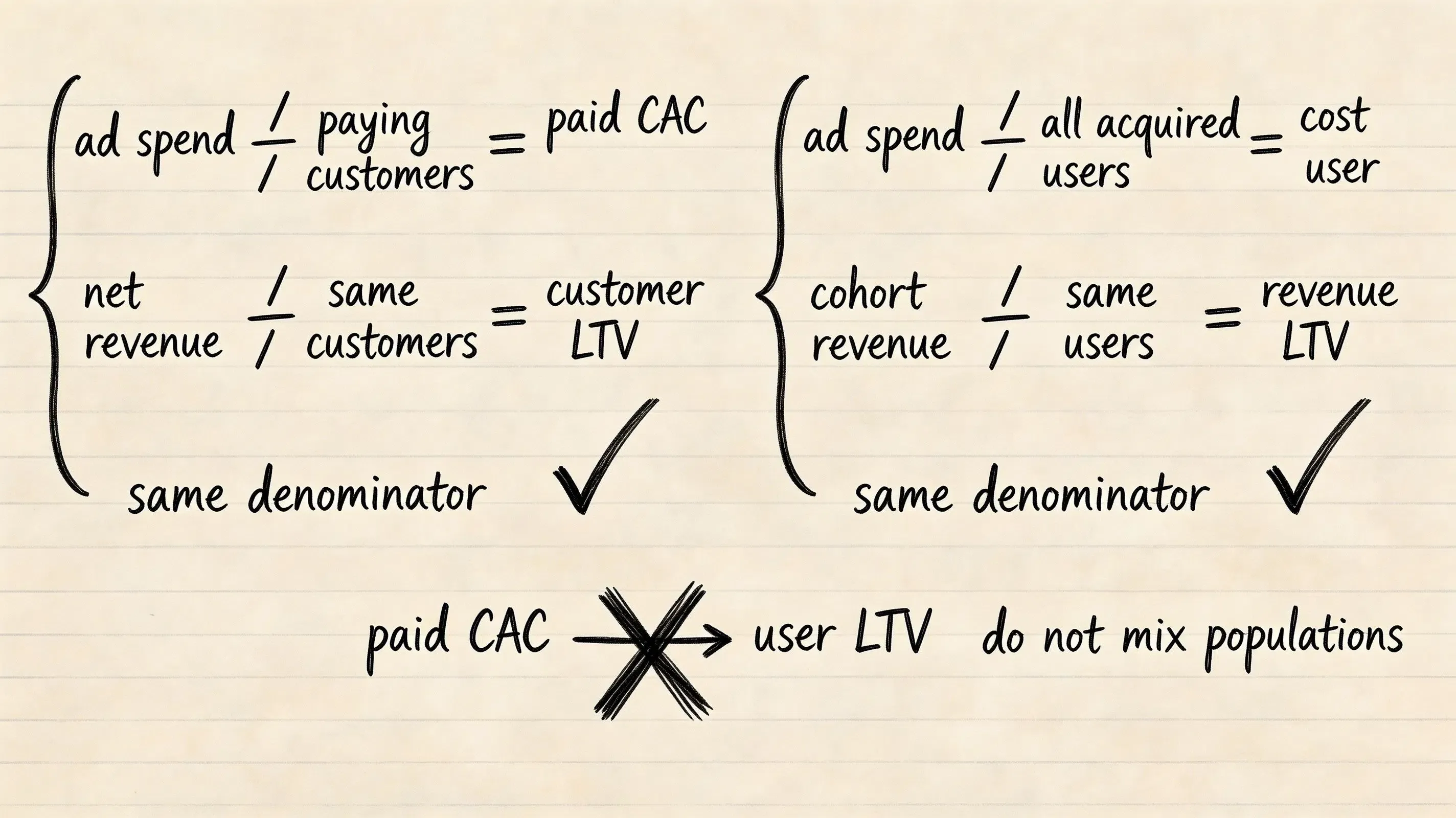 CAC and LTV denominator alignment for mobile cohorts