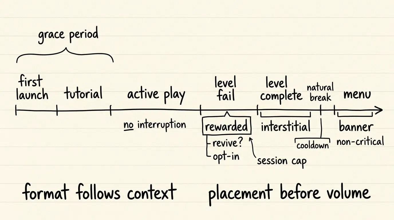 Rewarded interstitial and banner placement across game sessions