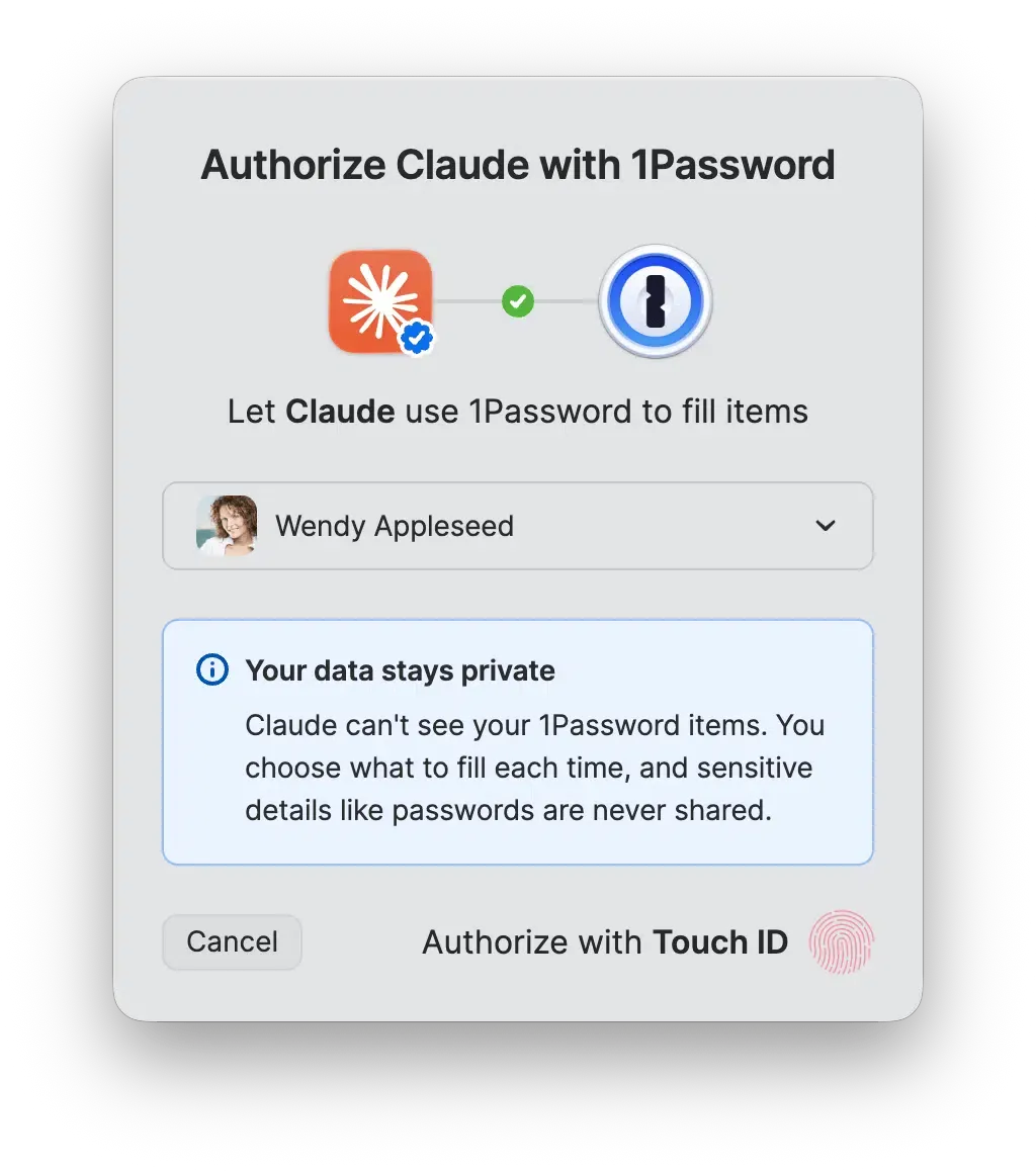 Gesaan untuk memilih akaun 1Password dan meluluskan sambungan ke Claude menggunakan Touch ID