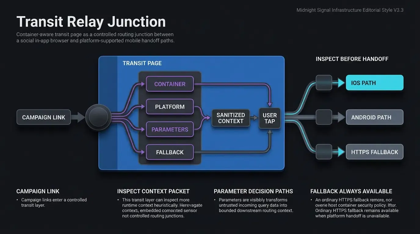 A transit page inspects container, platform, and parameters before choosing a web-to-app handoff.