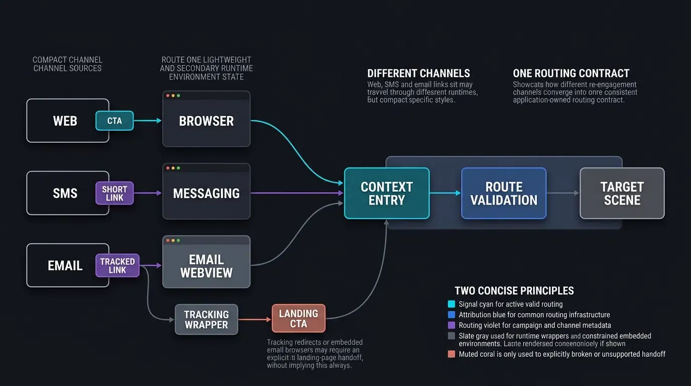 Web, SMS, and email re-engagement links converge into one validated route.