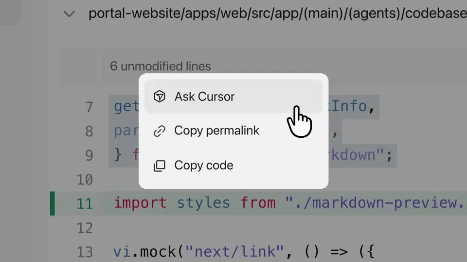 選択したコードに対してAsk Cursorアクションを利用できるプルリクエストの差分を示すCursor Originのローンチデモ