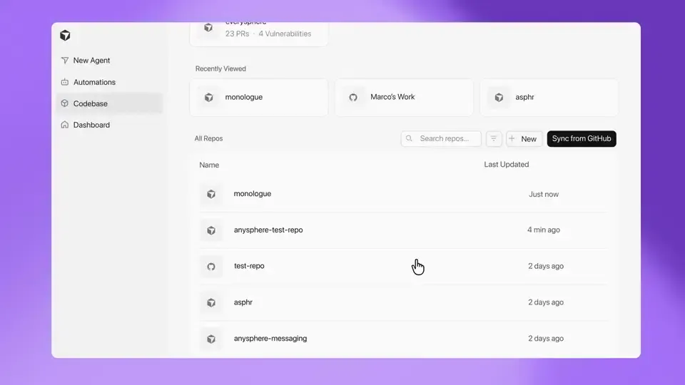 リポジトリの作成またはGitHubからの同期を行うオプションが表示されたCodebaseリポジトリビューを示すCursor Originのローンチデモ