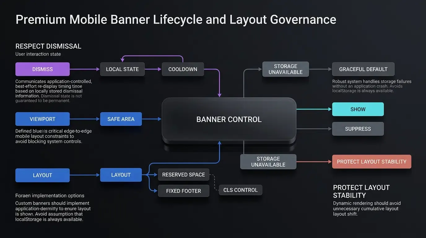 Custom banner controls dismissal persistence, safe areas, and layout stability.