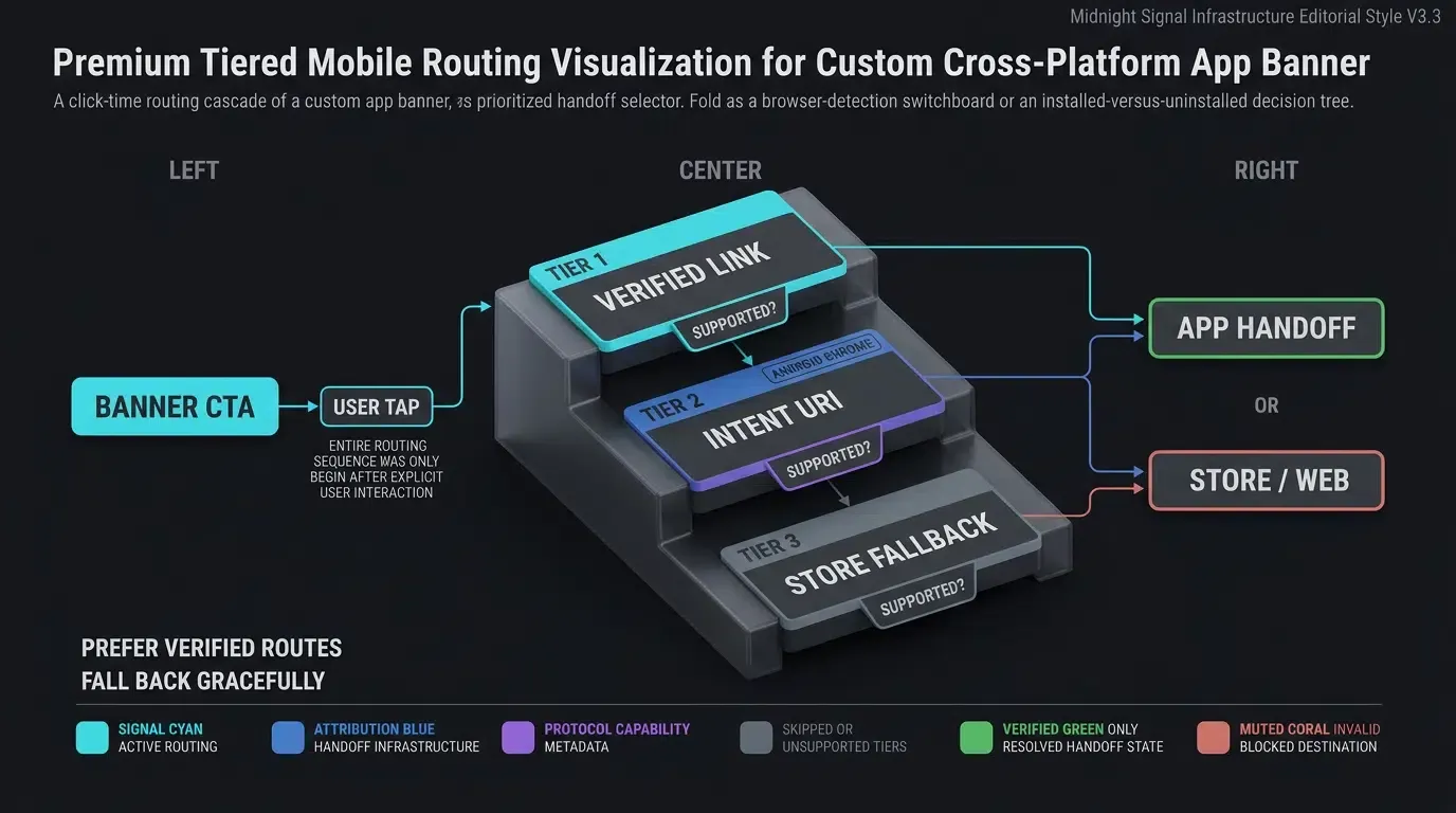 Custom banners use verified links, intent routes, and graceful store fallbacks.