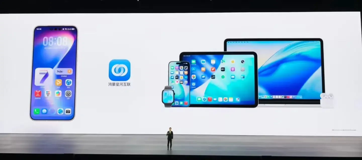 شريحة من عرض هواوي التقديمي توضح دعم النظام المتبادل لساعة Apple Watch وملحقات AirPods