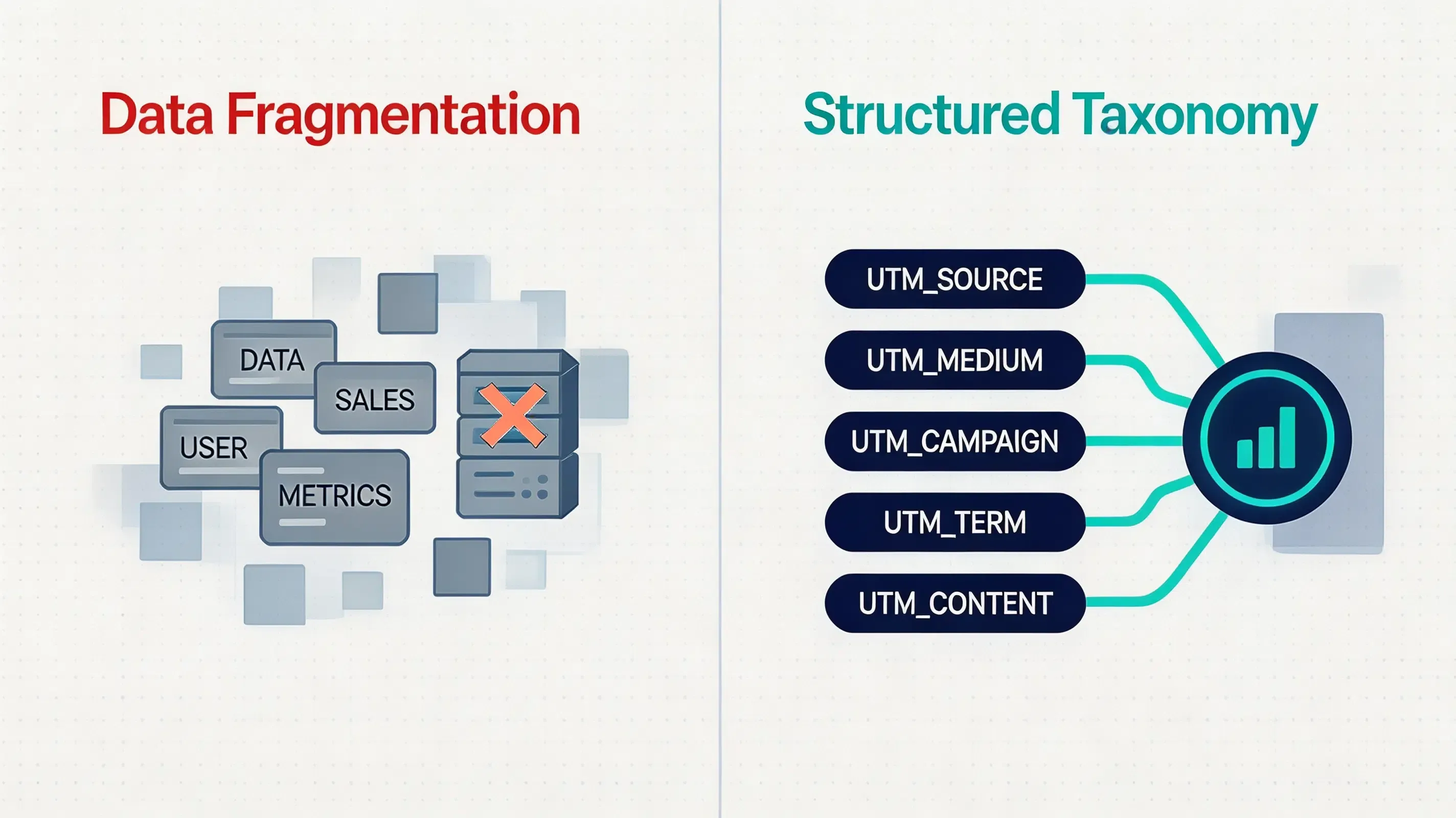 Ultra-premium flat infographic comparison of chaotic data fragmentation versus structured 5-dimensional UTM campaign taxonomy.