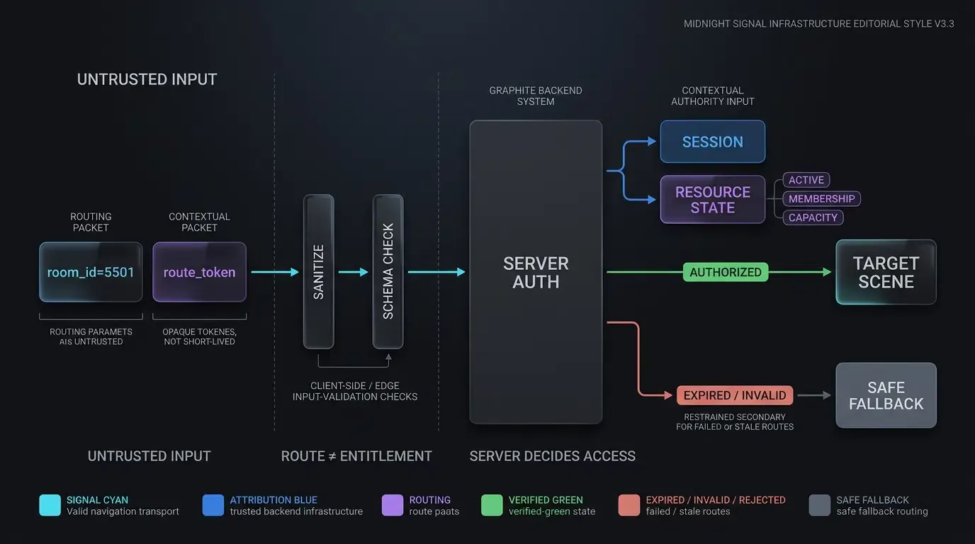 Deep-link parameters require server authorization before entering protected game scenes.