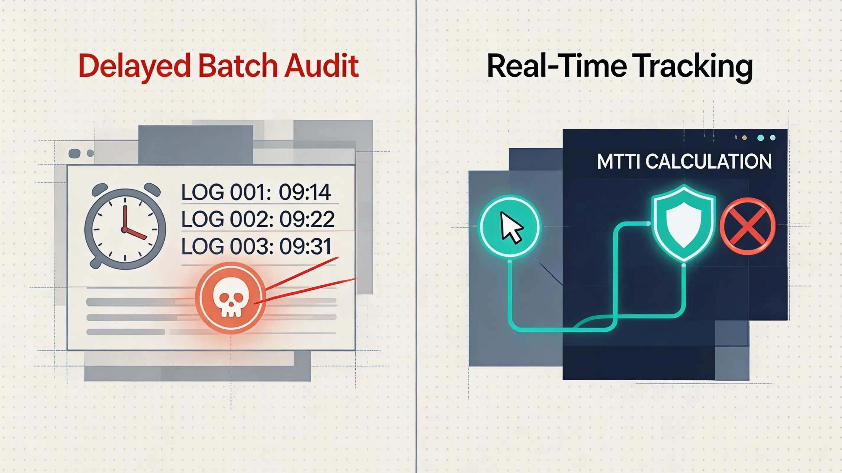Ultra-premium flat infographic comparison of delayed batch log audits versus real-time attribution tracking preventing install theft.