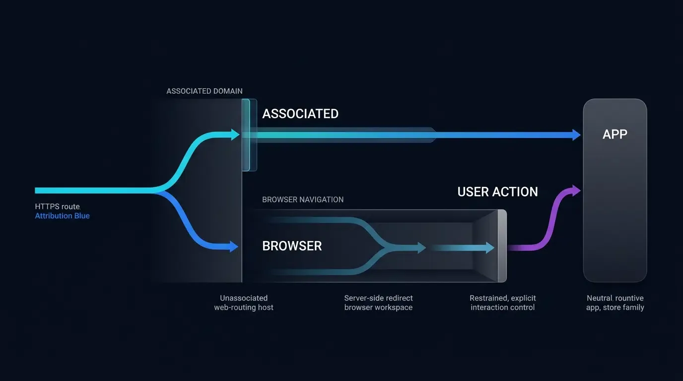 Associated links and browser redirects follow different mobile dispatch and verification paths.